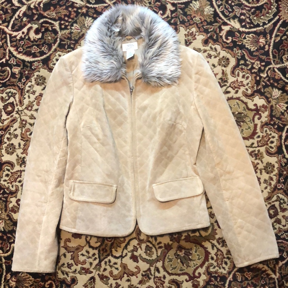 LOFT Cream real suede quilted Jacket with Faux Fur detachable Collar 6